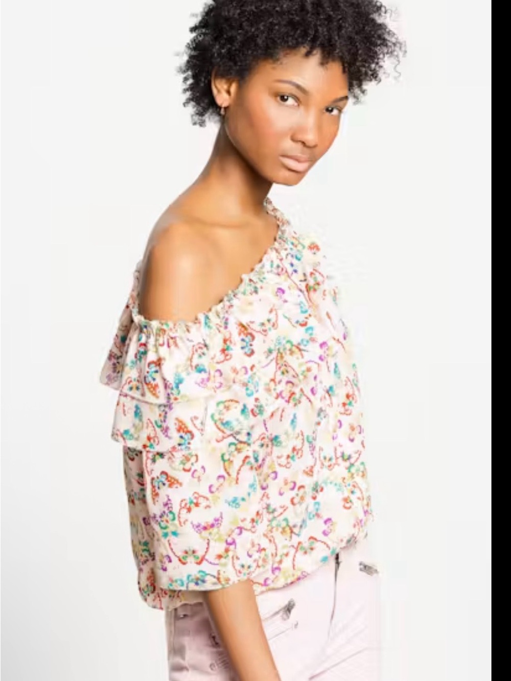 Zadig & Voltaire 100% Silk Cream Off-Shoulder Floral Ruffle Blouse